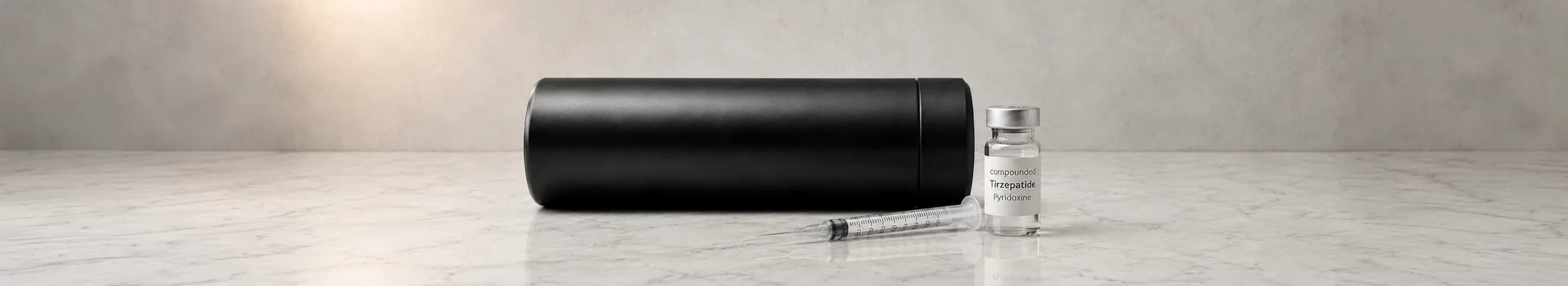 Compounded Tirzepatide vial (10mg/mL), alcohol swab, and auto-injector pen laid flat on a white surface
